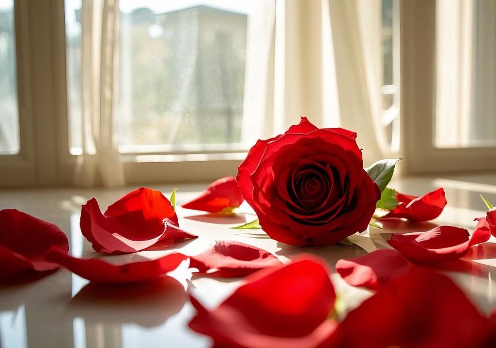 窗台上阳光下独自绽放的红玫瑰及散落花瓣场景AI