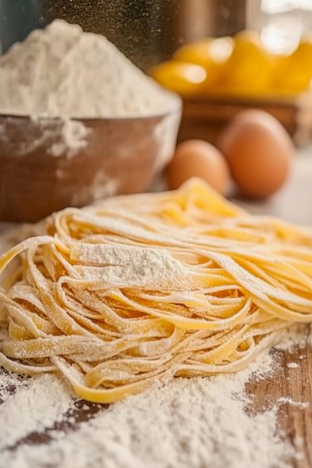 木桌上放着撒有面粉的新鲜手工面条和鸡蛋AI