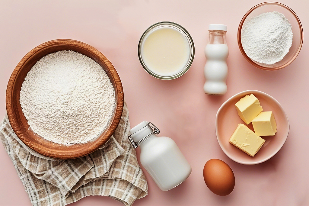 粉色背景上摆放着面粉牛奶黄油和鸡蛋等食材AI