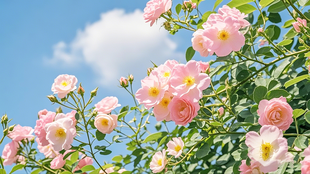 蓝天背景下枝头绽放的粉嫩野蔷薇花朵场景AI