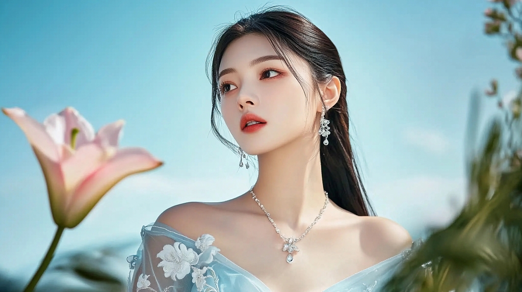 蓝天花丛旁身着蓝色纱裙凸显医美美容风采的女性AI