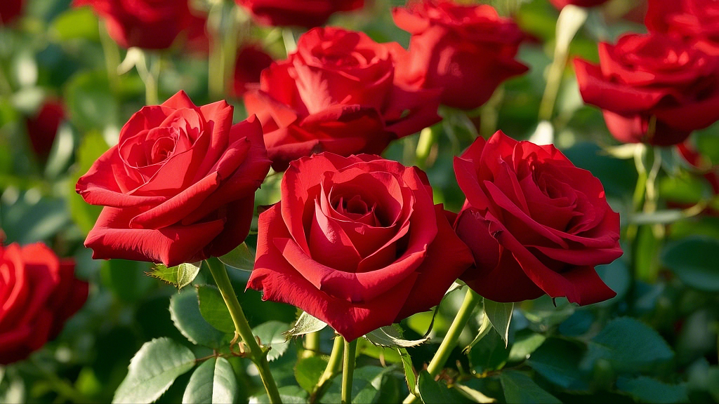 阳光下绽放的鲜艳红色玫瑰花特写AI