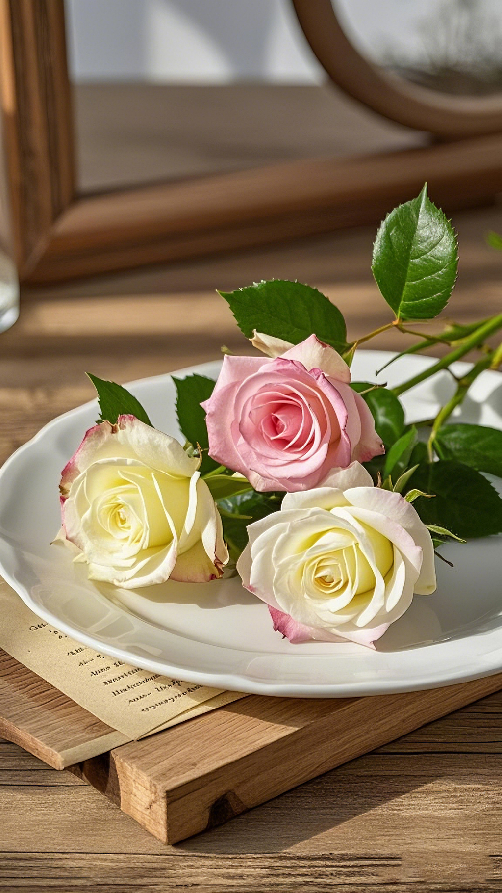 木桌上白色盘子里摆放的粉色和白色玫瑰场景AI