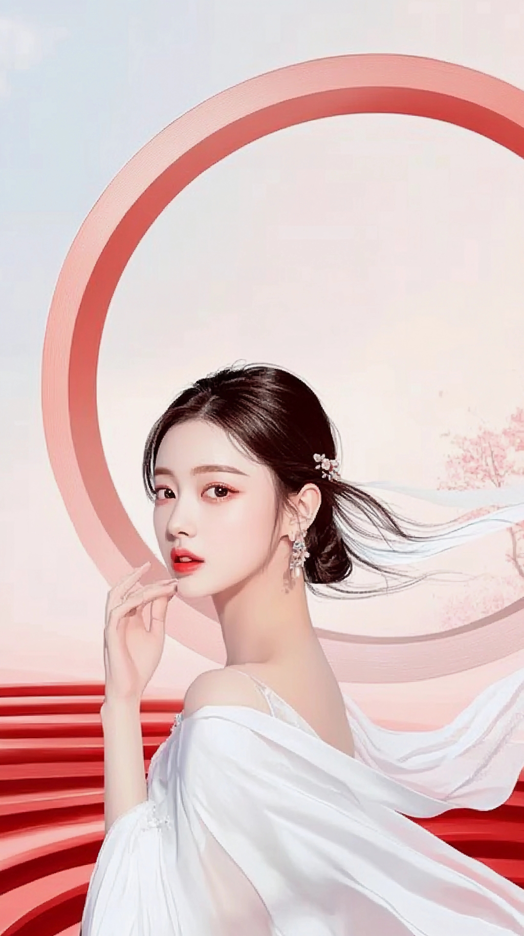 古风红白色场景中体现医美美容优雅感的韩系美女AI