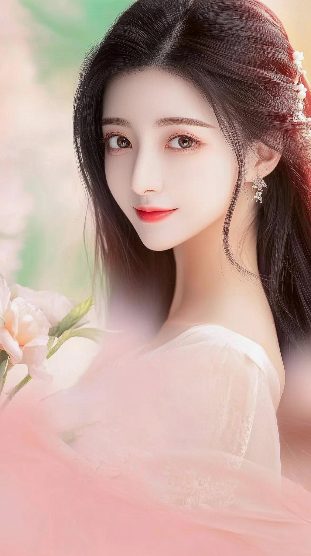 手持花朵面带微笑长发飘飘的古风美女写真AI