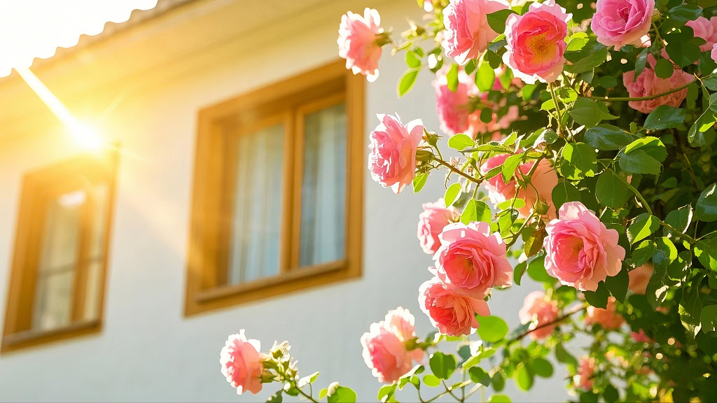 阳光照耀下房屋旁粉色玫瑰花枝蔓场景AI