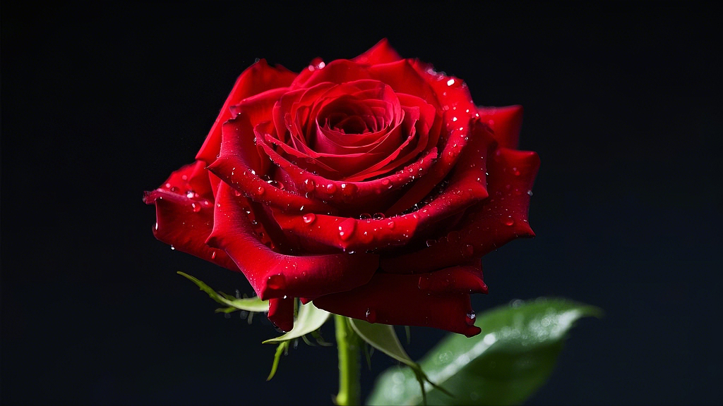 黑色背景上娇艳的带水珠红色玫瑰花单独绽放AI