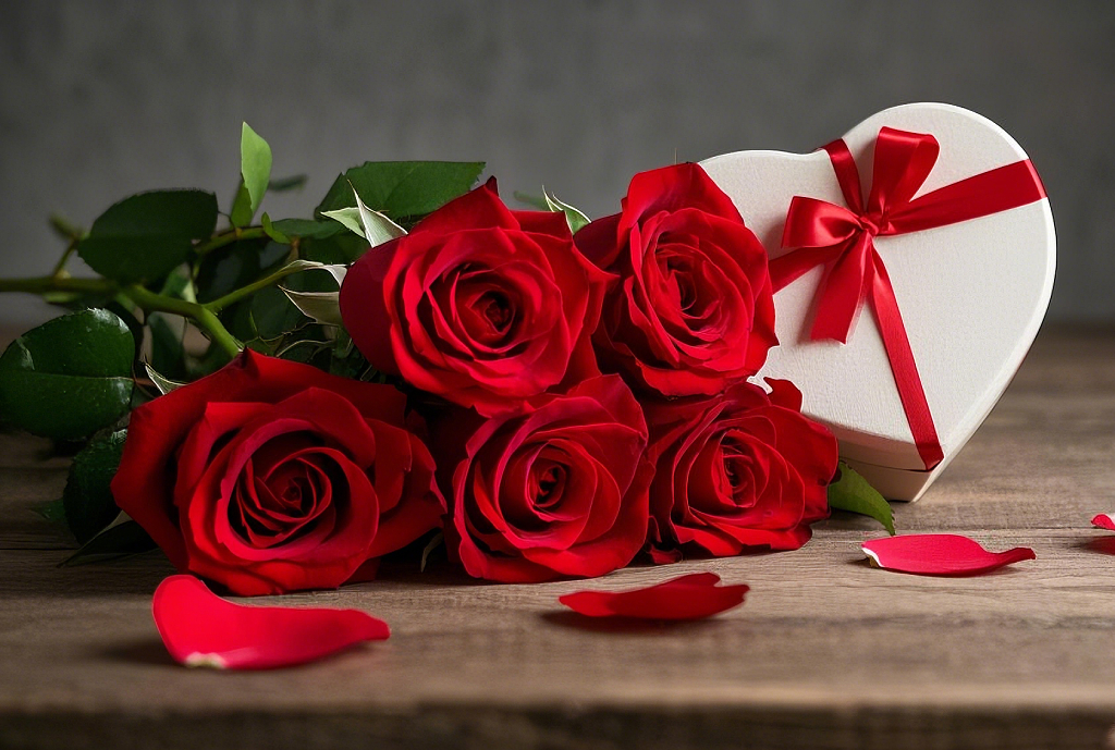 光影交错下木桌上红玫瑰和心形礼盒的组合AI