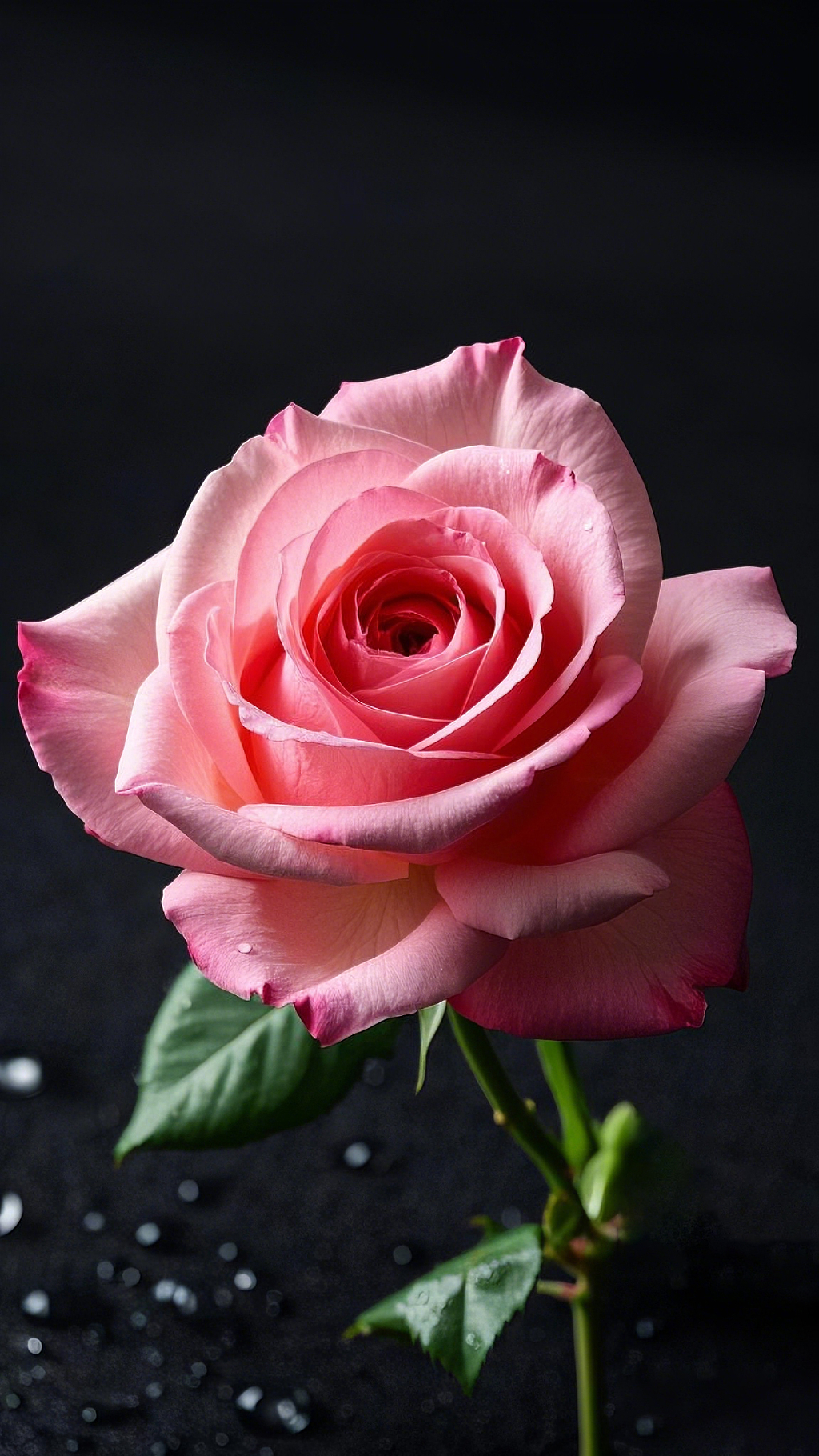 黑色背景上带水珠的粉嫩饱满粉色玫瑰花AI