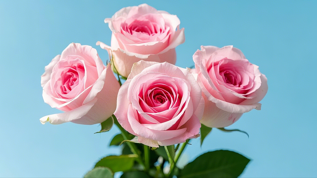 淡蓝色背景下四支绽放的柔美粉色玫瑰花AI