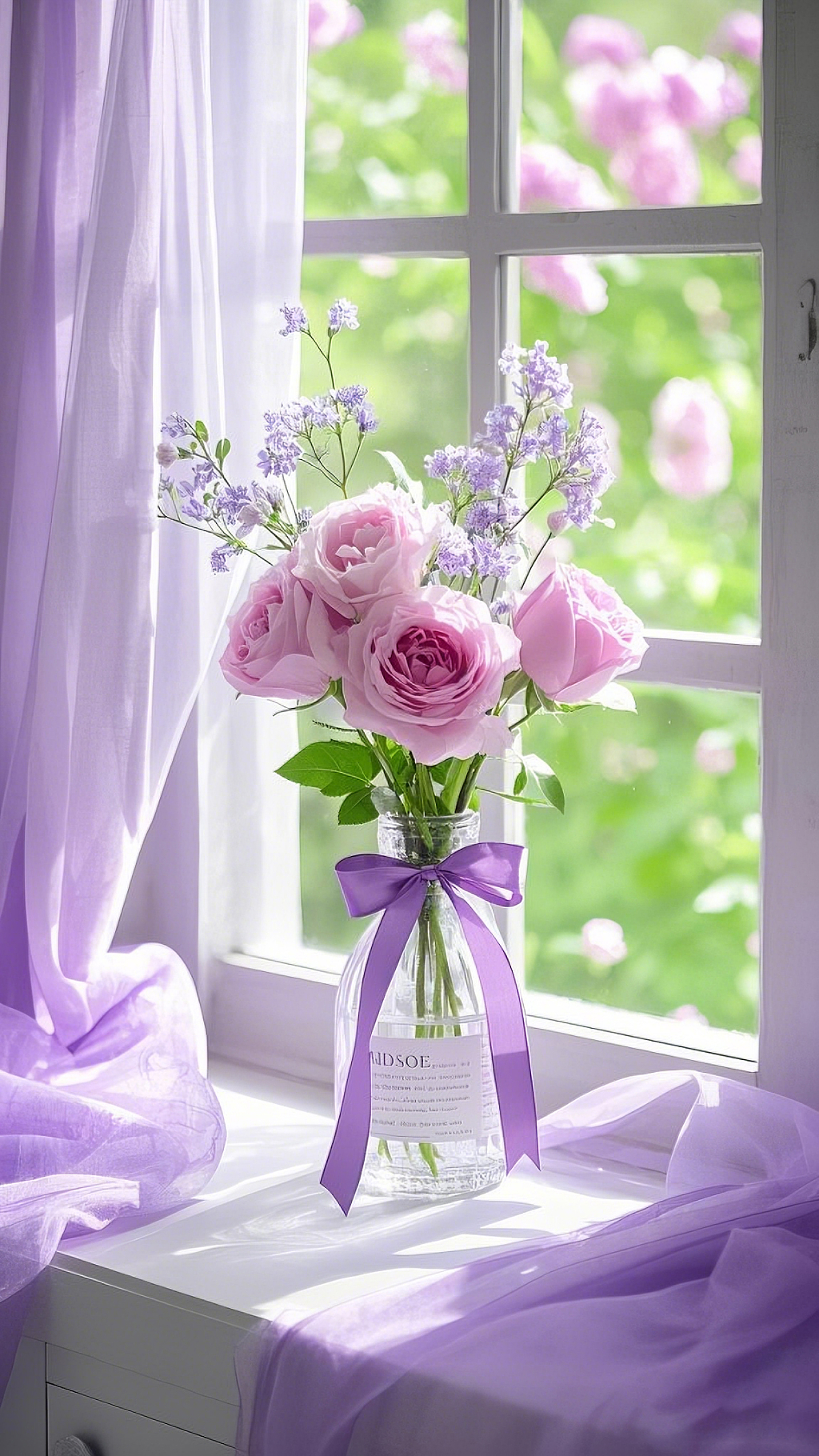 窗边淡紫色纱帘旁花瓶中粉色玫瑰和配花组合AI
