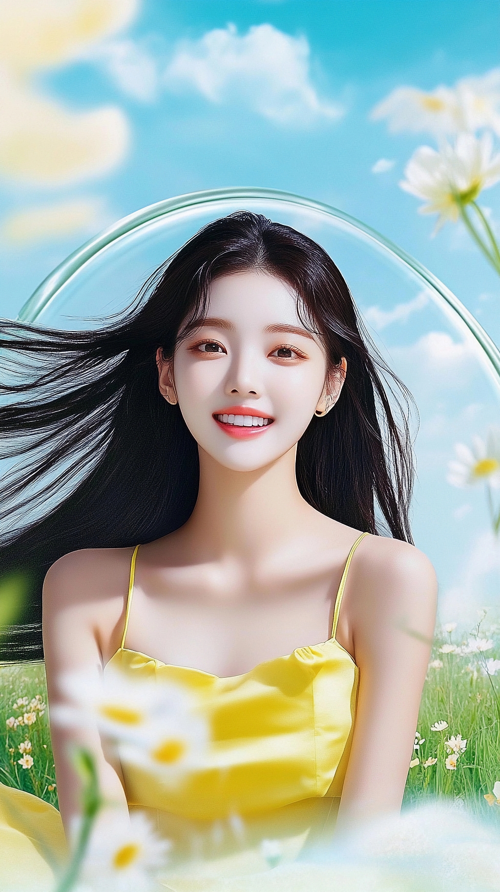 韩系美女于花丛间被透明弧圈环绕的医美美容写真AI