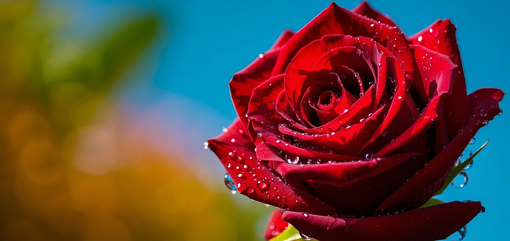 蓝绿色背景虚化下带水珠的娇艳红色玫瑰花AI