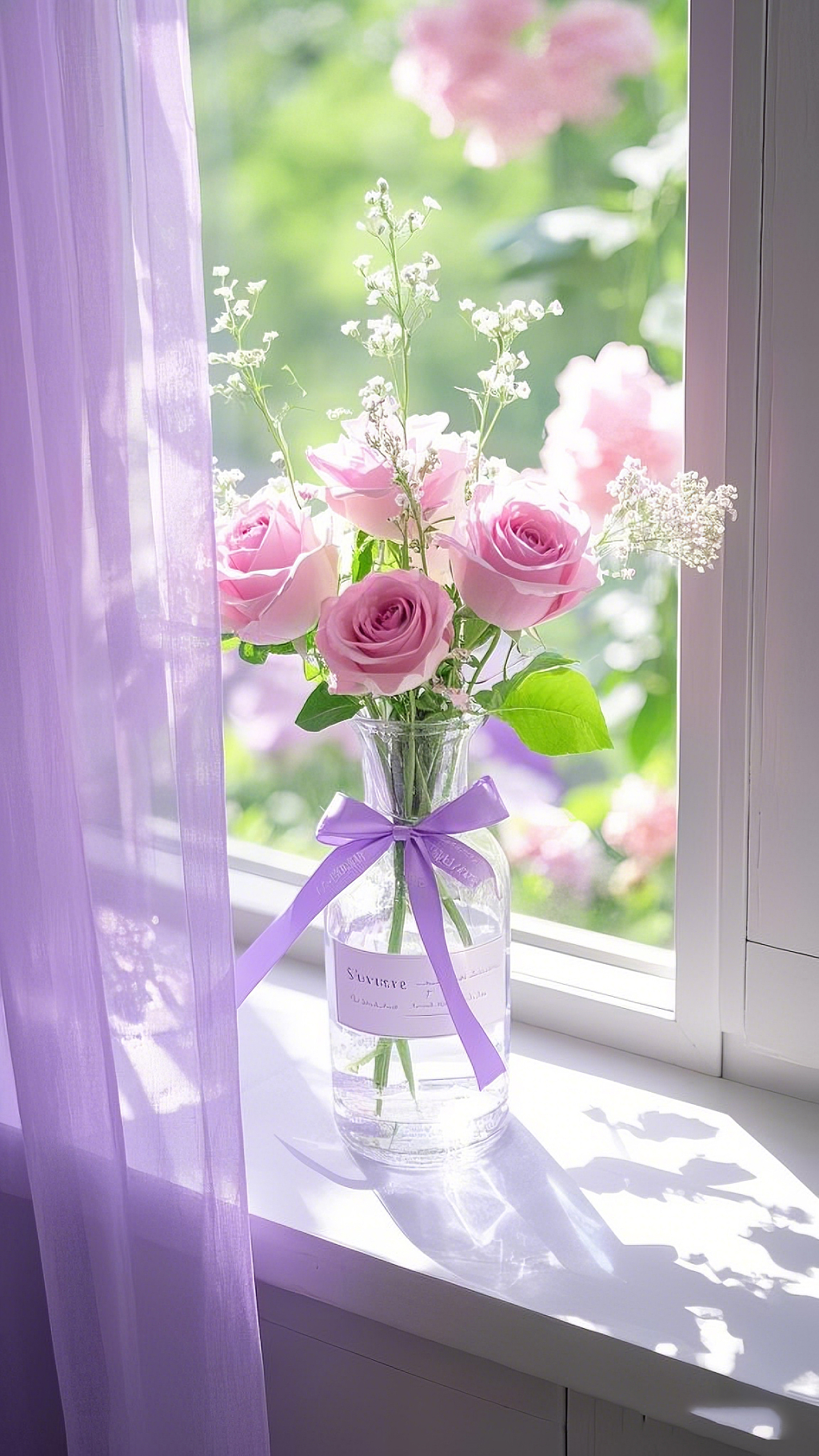 窗台上紫色系装饰花瓶中插着粉色玫瑰和小花AI