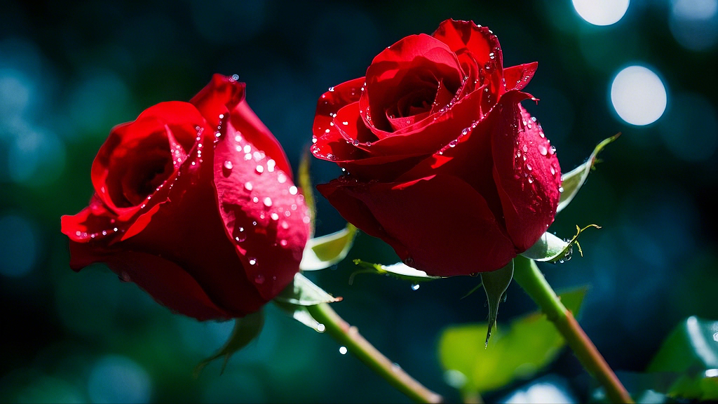 暗绿色背景光斑下带水珠的两朵红色玫瑰花AI