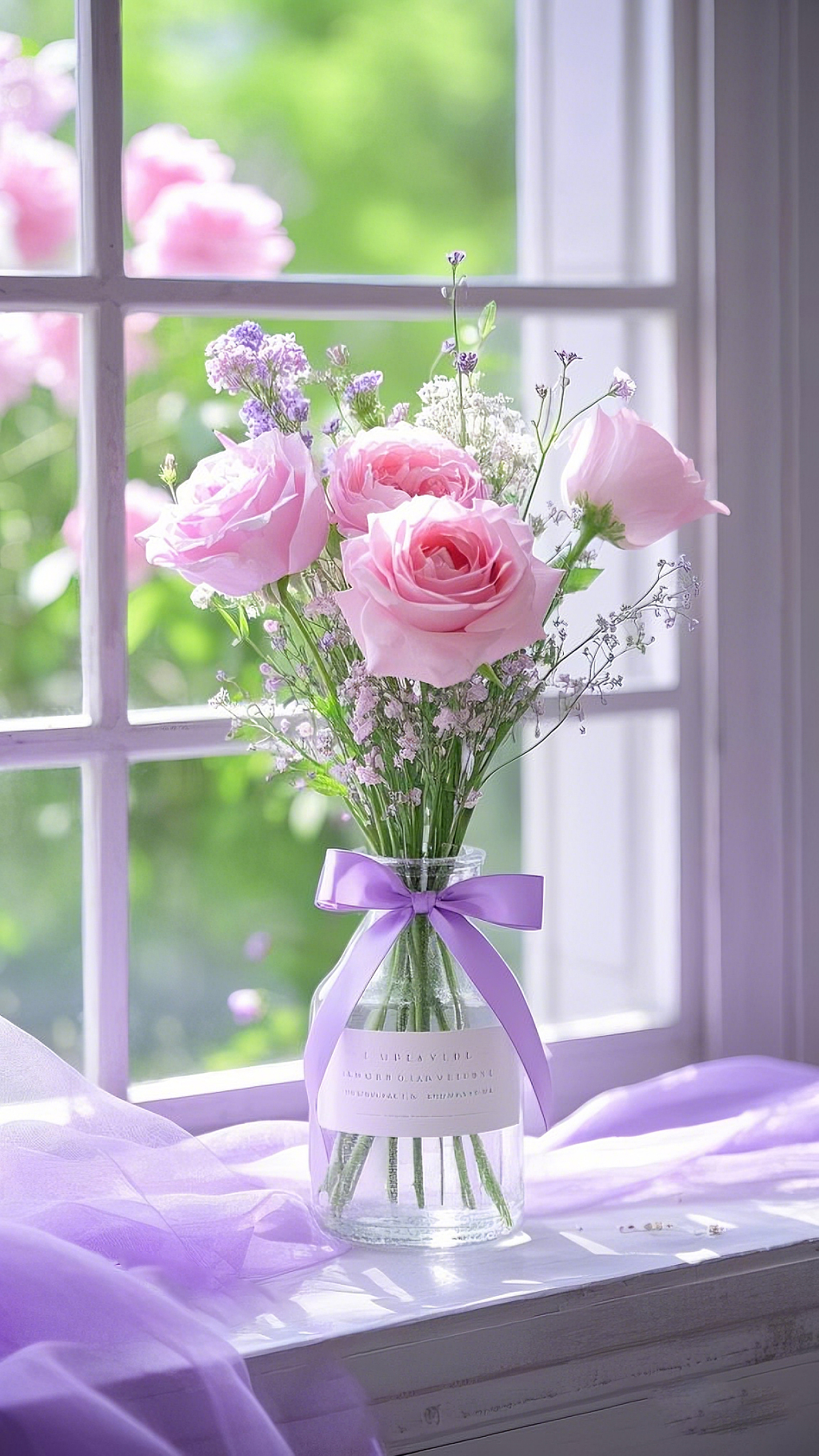 窗边淡紫色纱帘旁花瓶中粉色玫瑰和配花组合AI