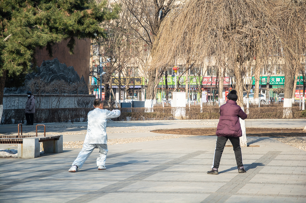 户外练习太极拳的老人