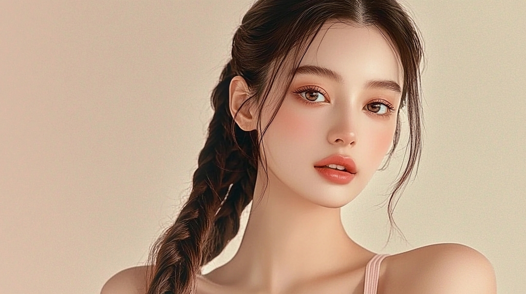 单麻花辫与自然妆容展现韩系美女医美美容温婉感AI