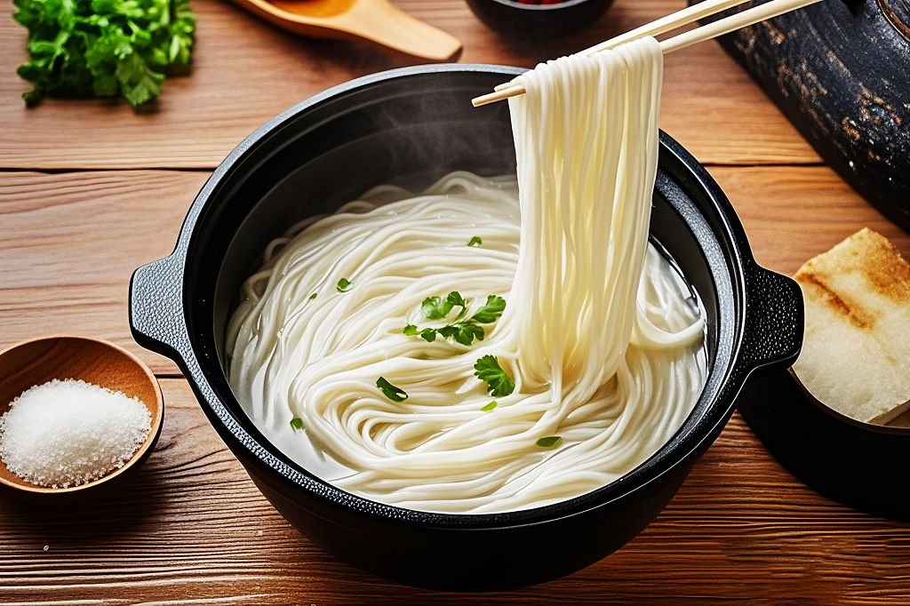 砂锅中热气腾腾的煮面条散发诱人香气AI米线面食