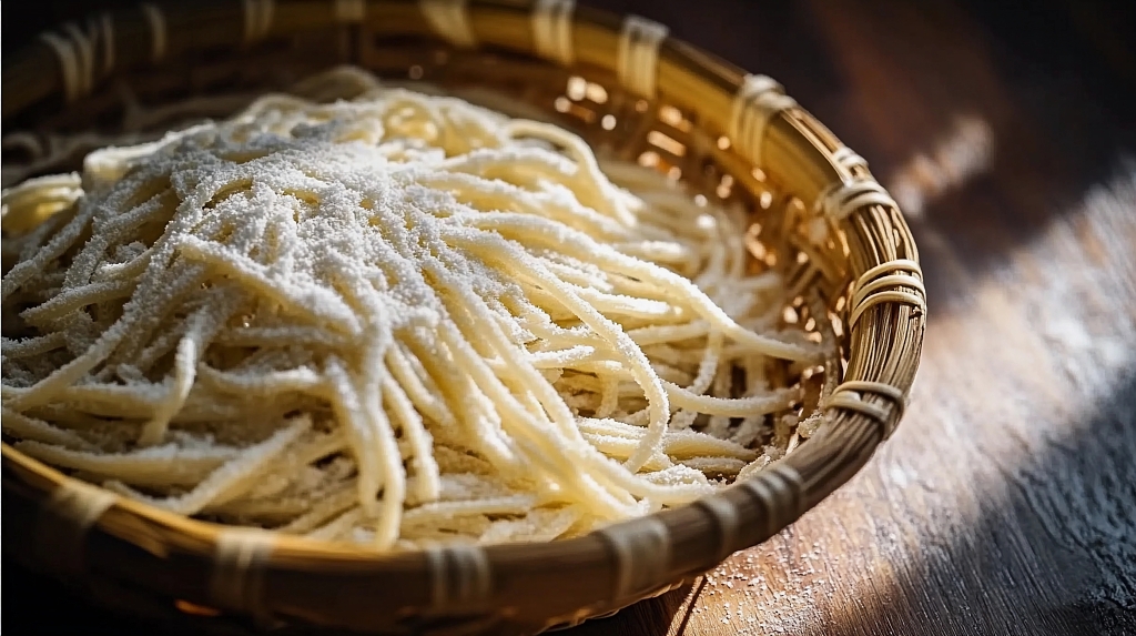 竹篮中放置着撒满面粉的新鲜手工面条AI