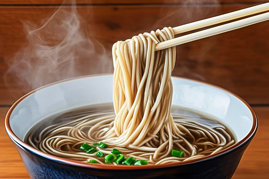 筷子夹起冒着热气汤碗中的美味荞麦面条AI