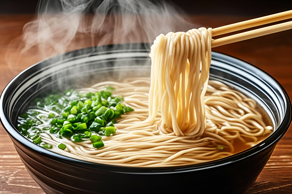筷子夹起热汤中散发香气的荞麦面AI