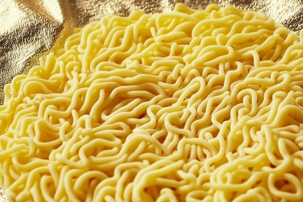 银色背景上摆放的黄色弯曲方便面面饼AI