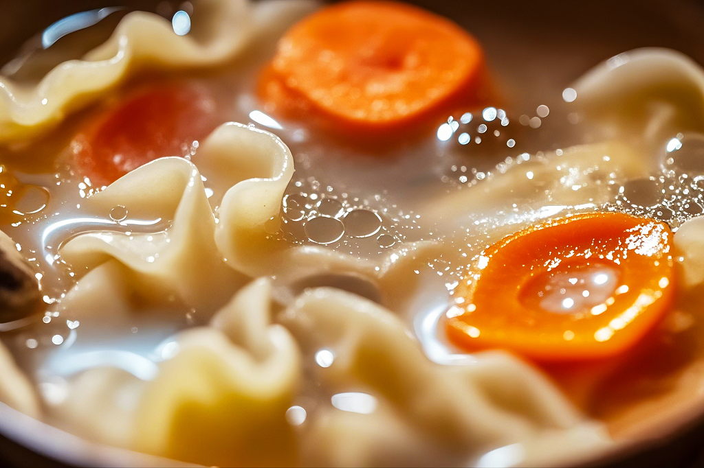 锅中煮着带有波浪形状的多彩蔬菜面条AI