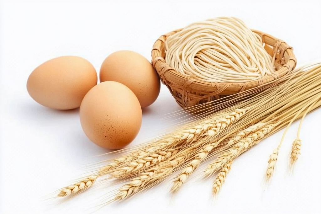 白色背景上鸡蛋麦穗与竹篮中面条的组合AI