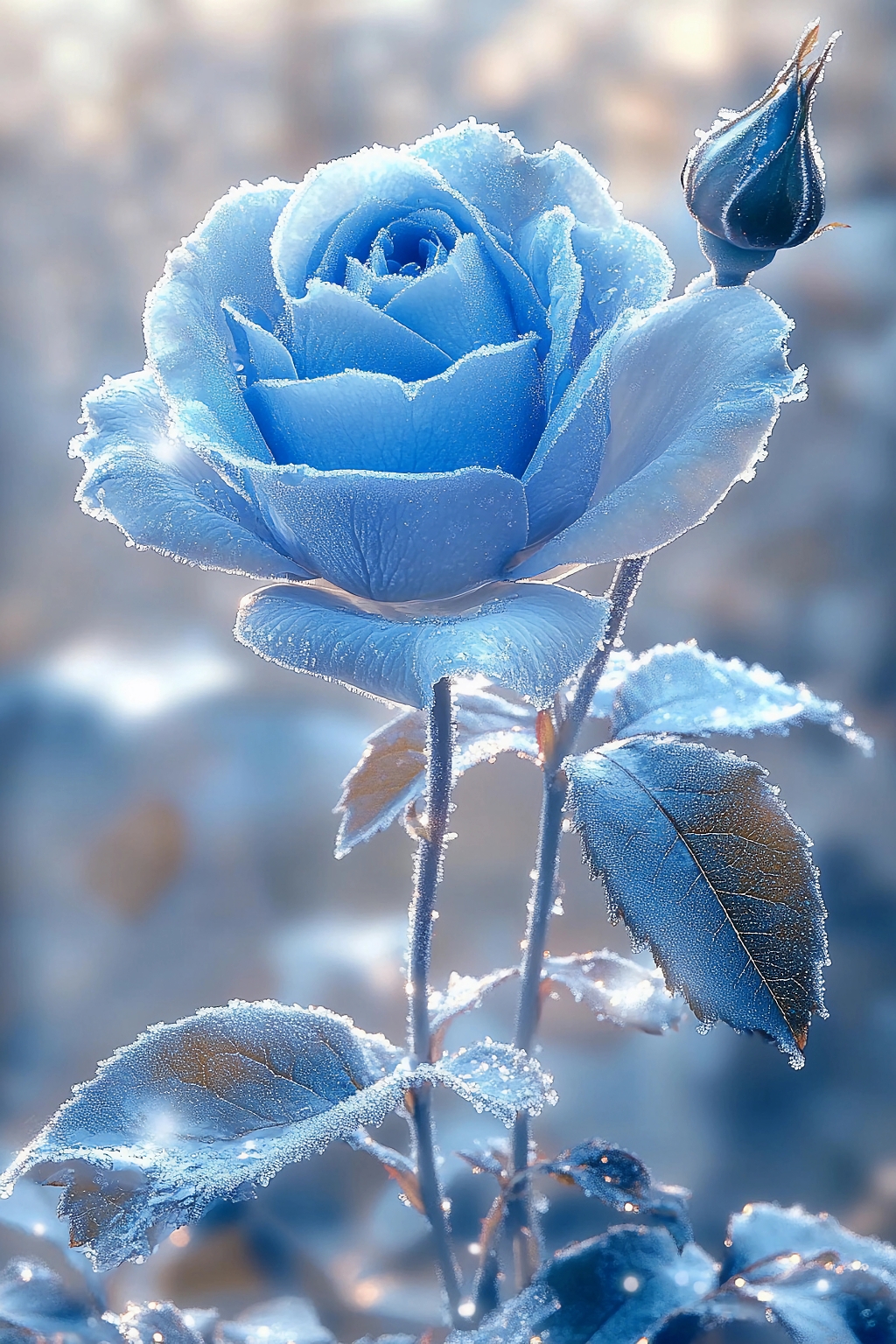 覆满白霜的蓝色玫瑰花带花苞特写图片AI