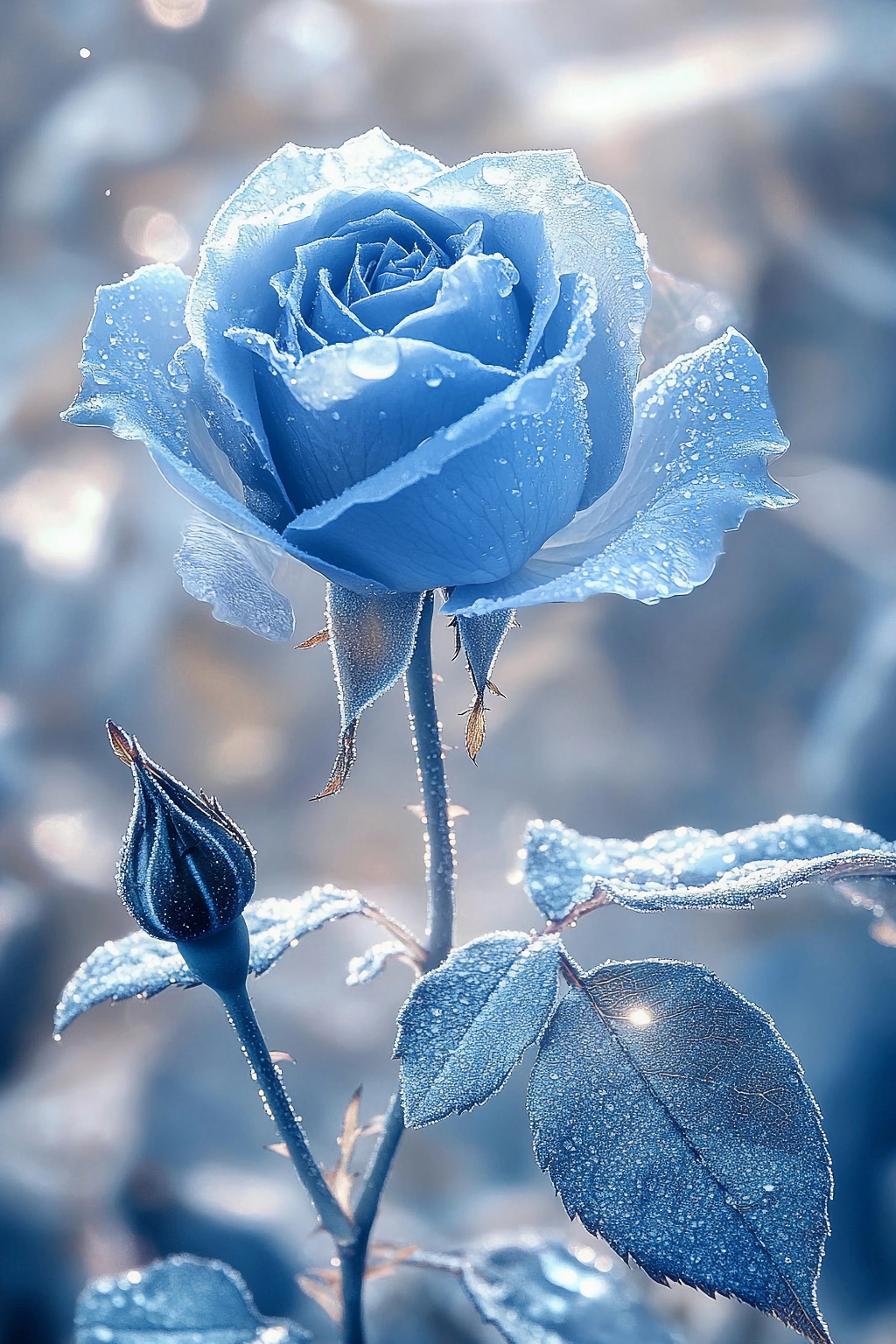 覆满露珠的蓝色玫瑰花苞和绽放花朵特写图AI