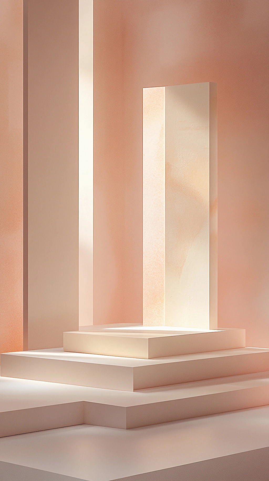 浅粉色墙面搭配几何造型展示台的室内光影场景图AI