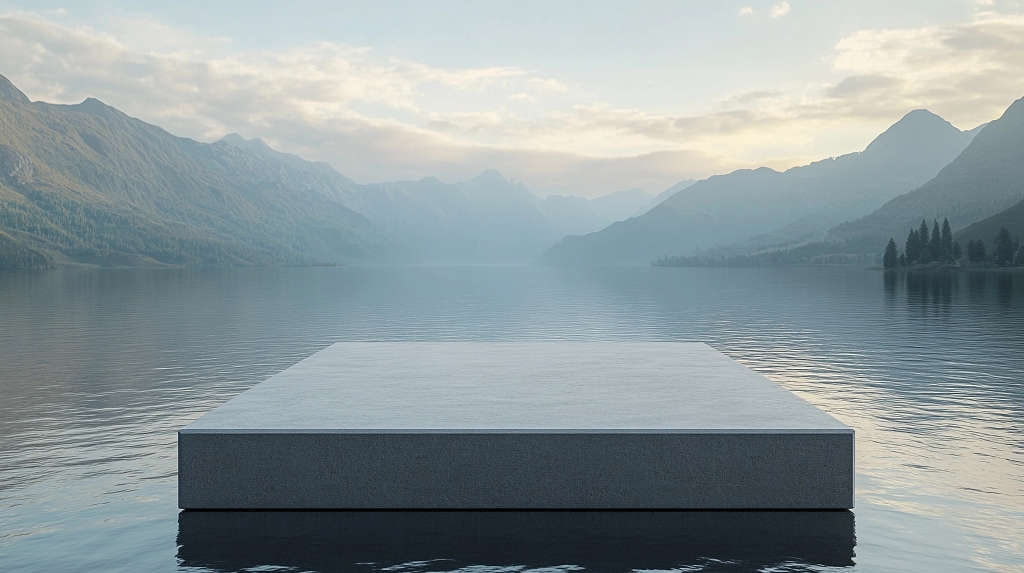 湖景山色背景中的灰色矩形电商产品展台图AI