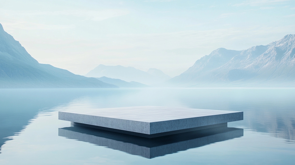 淡蓝色湖水与远山衬托下的灰色方形产品展台图AI