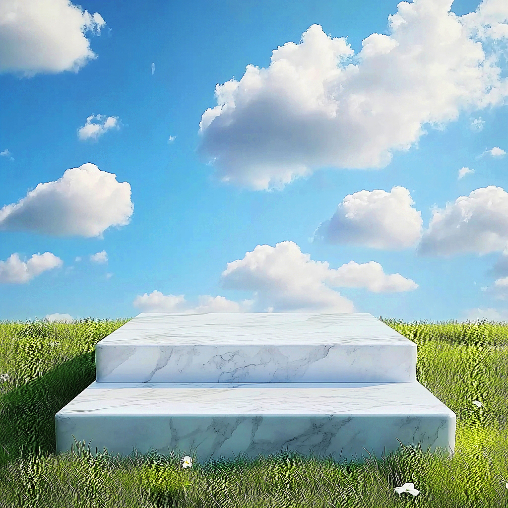 蓝天白云草地中的白色大理石矩形电商产品展台AI