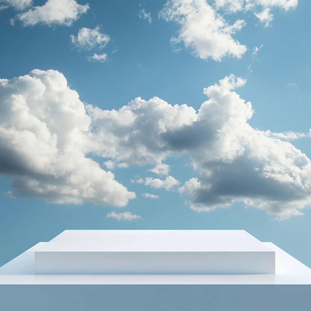 蓝天白云下的双层白色矩形电商产品展台AI