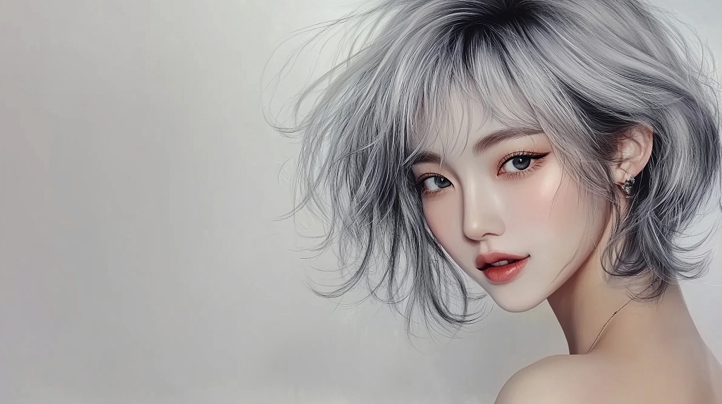 银灰短发女子妆容精致展现个性的美容写真AI