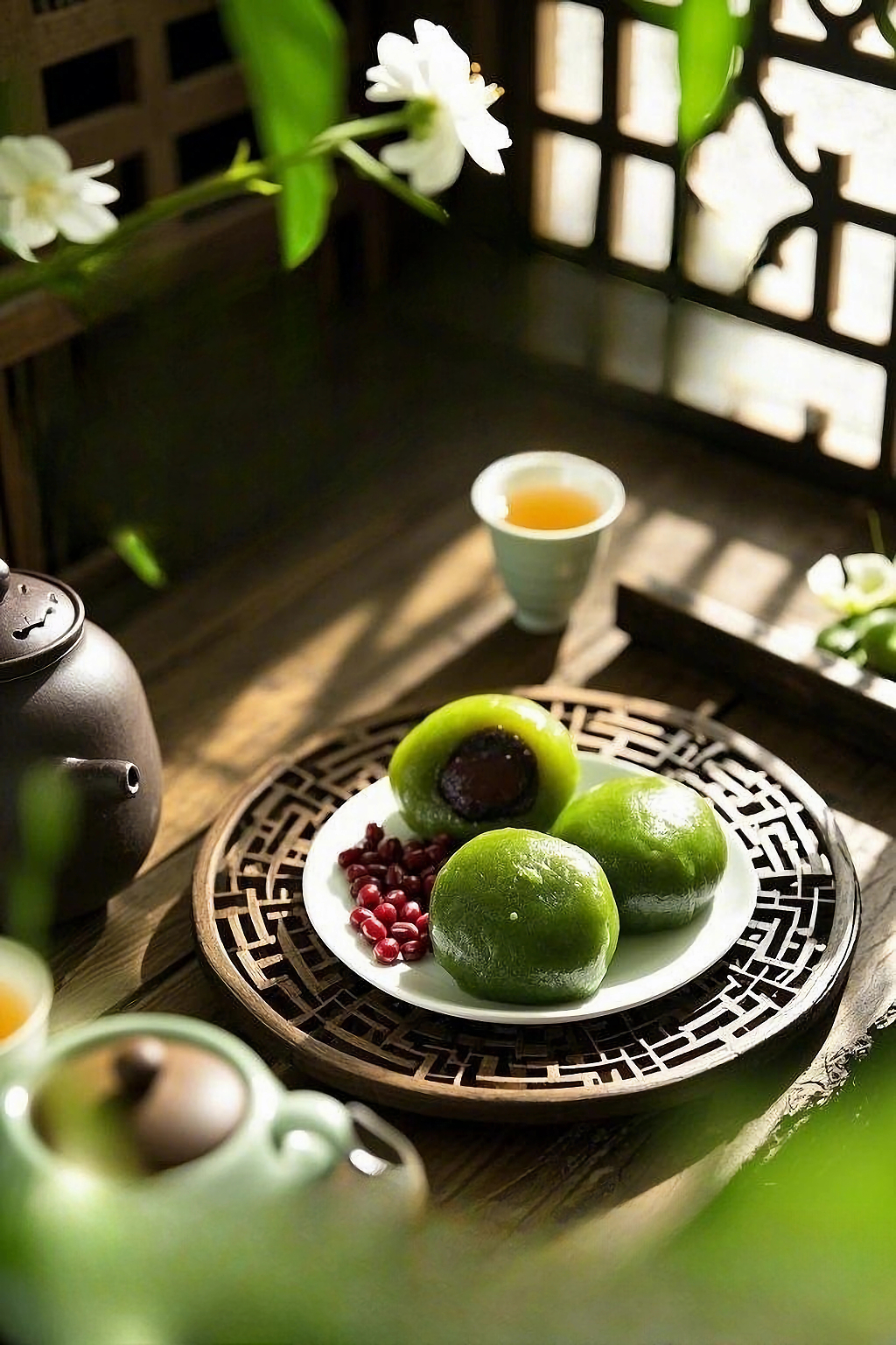 窗前茶具旁摆放着红豆馅的清明节青团AI