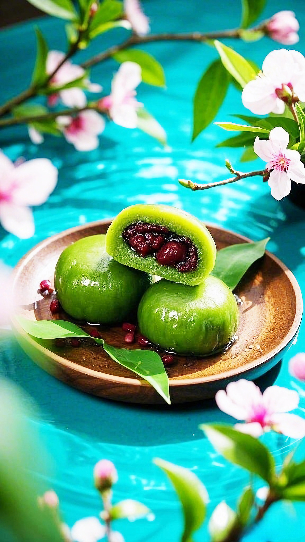 蓝色背景配粉色花朵的切开红豆馅清明节青团AI