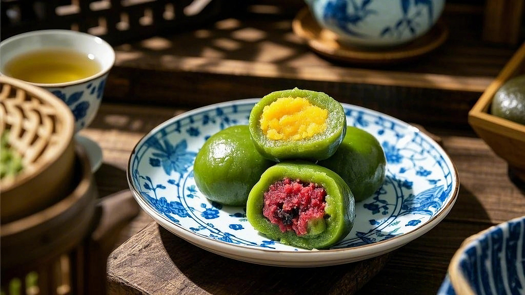 蓝白瓷盘上摆放着不同馅料的清明节青团AI