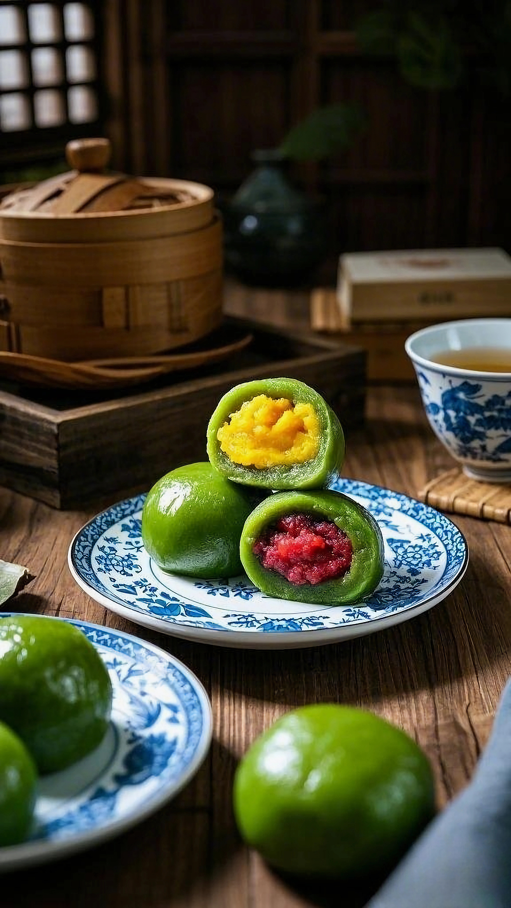 古风环境中蓝白瓷盘内的多馅清明节青团AI