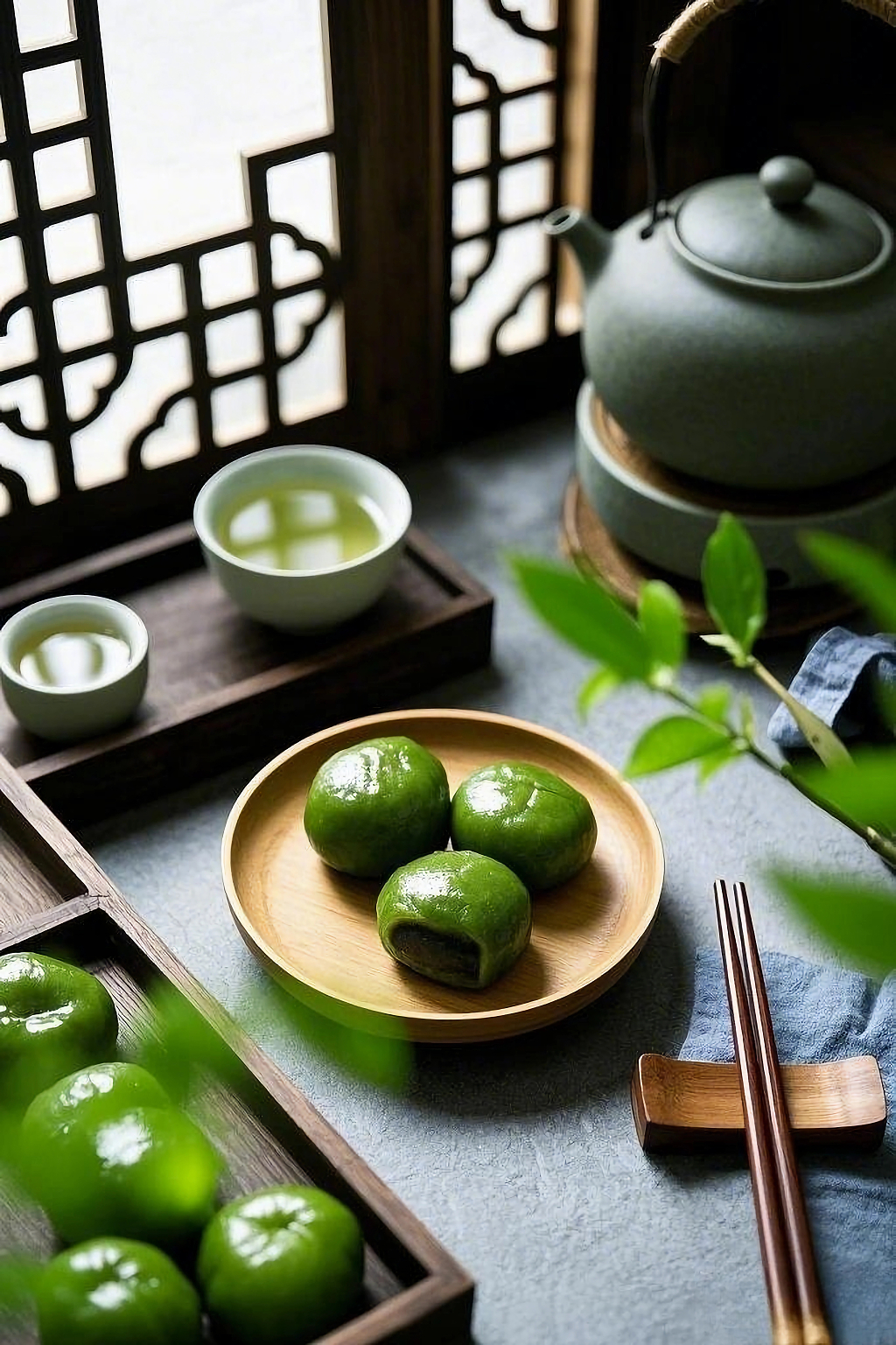 木盘旁茶具边放置的清明节青团AI