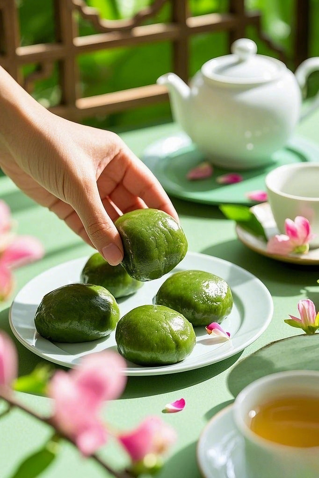 手取木蒸笼中清明节青团搭配红豆碗场景AI