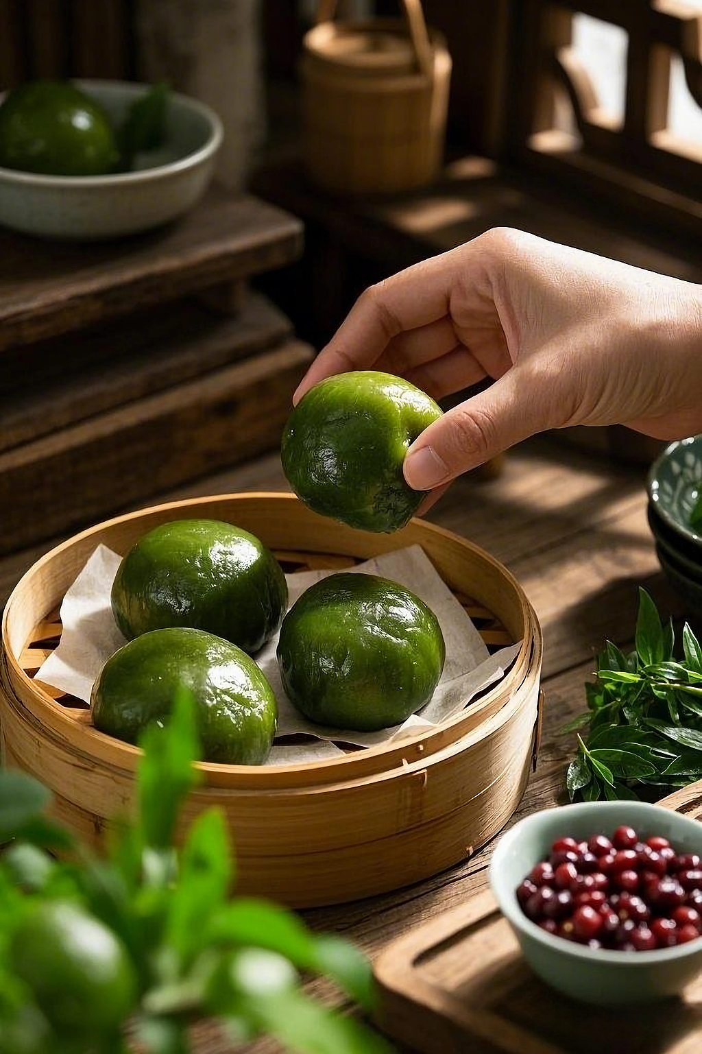 手取盘中清明节青团周围有粉色花朵点缀AI