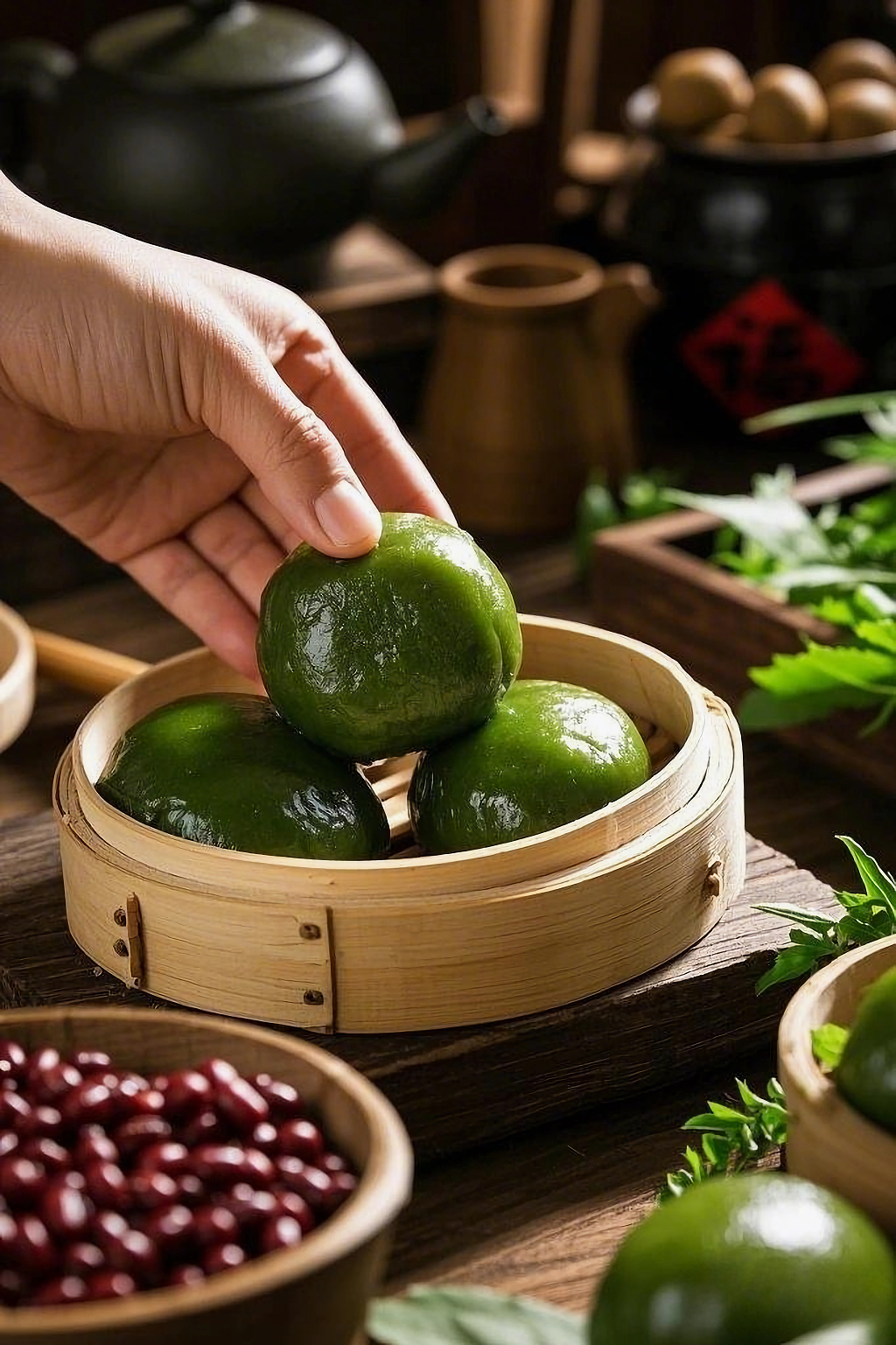 手从竹蒸笼中拿起的传统清明节青团AI
