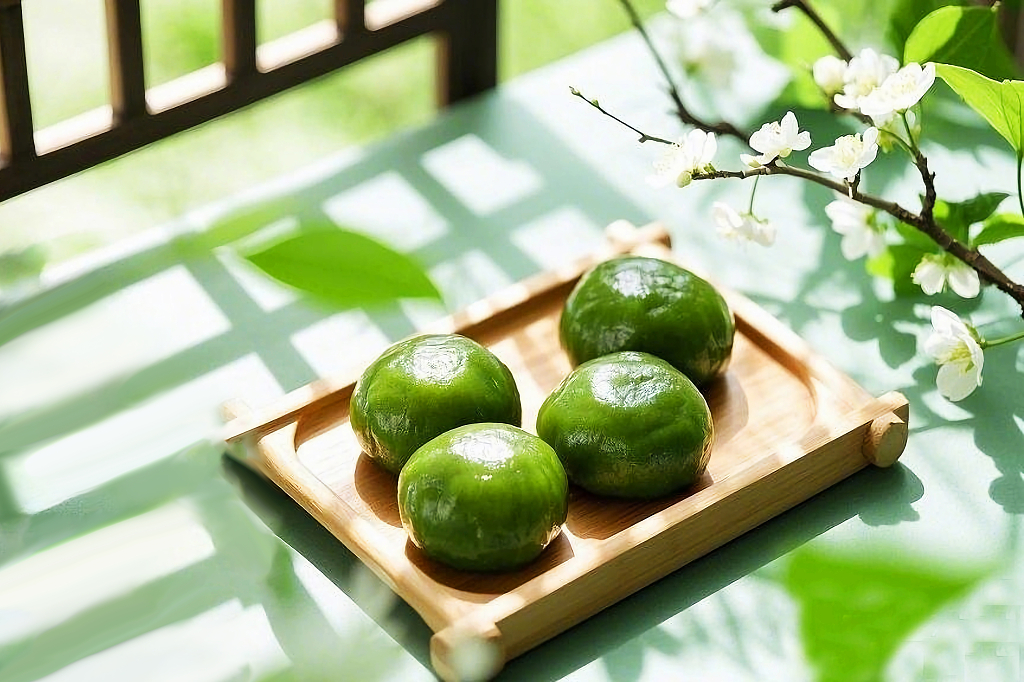窗边木托盘上与白花相伴的圆润清明节青团AI
