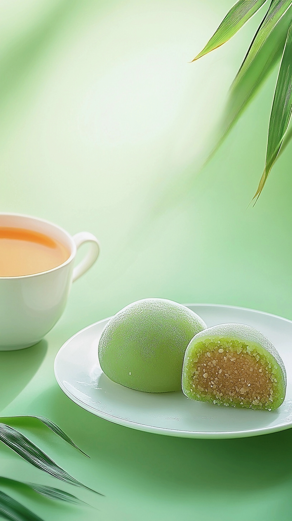 白盘边放着茶饮切开有独特馅料的清明节青团AI糕点传统美食甜点