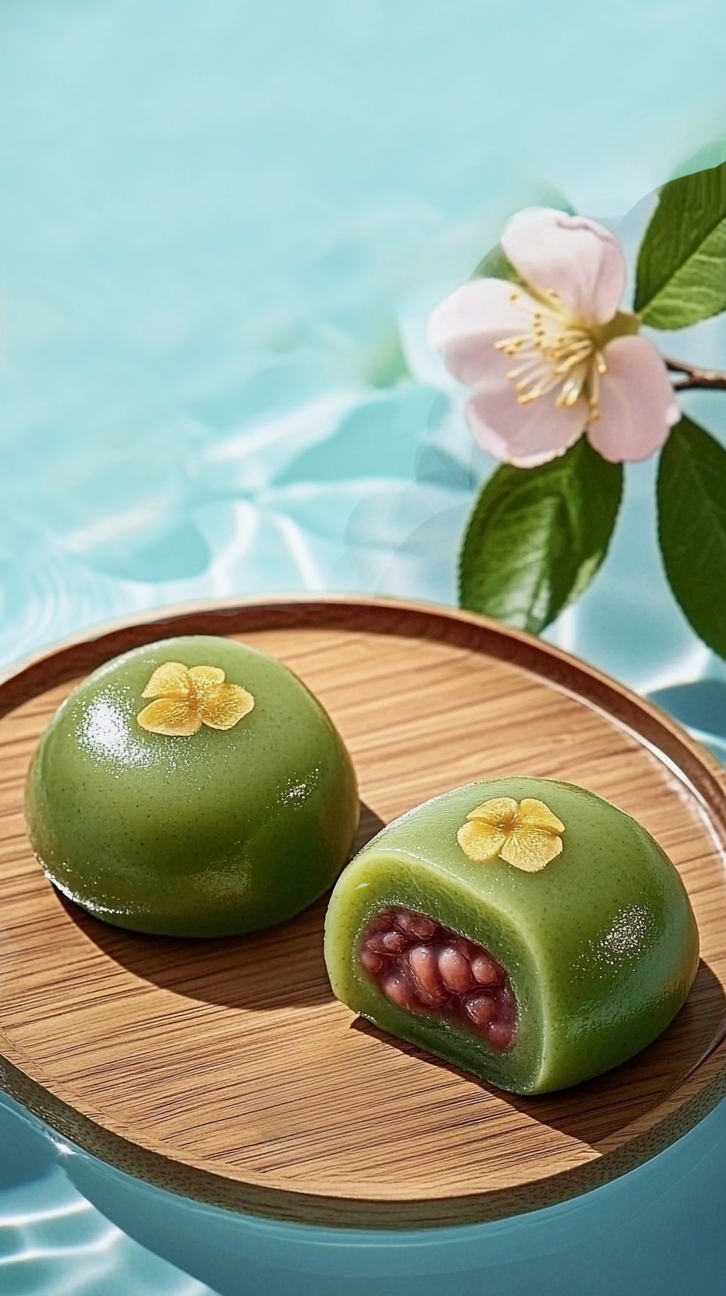 木盘上带小花装饰切开是红豆馅的清明节青团AI