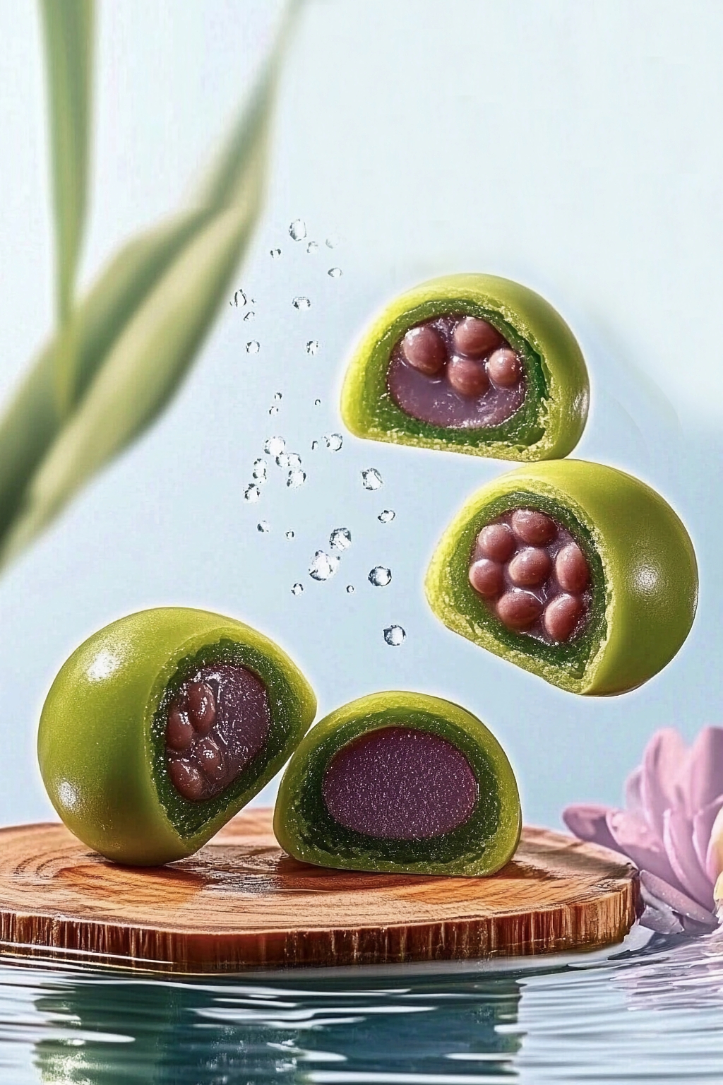 红豆馅青团切面悬浮带水花效果的清明节青团AI