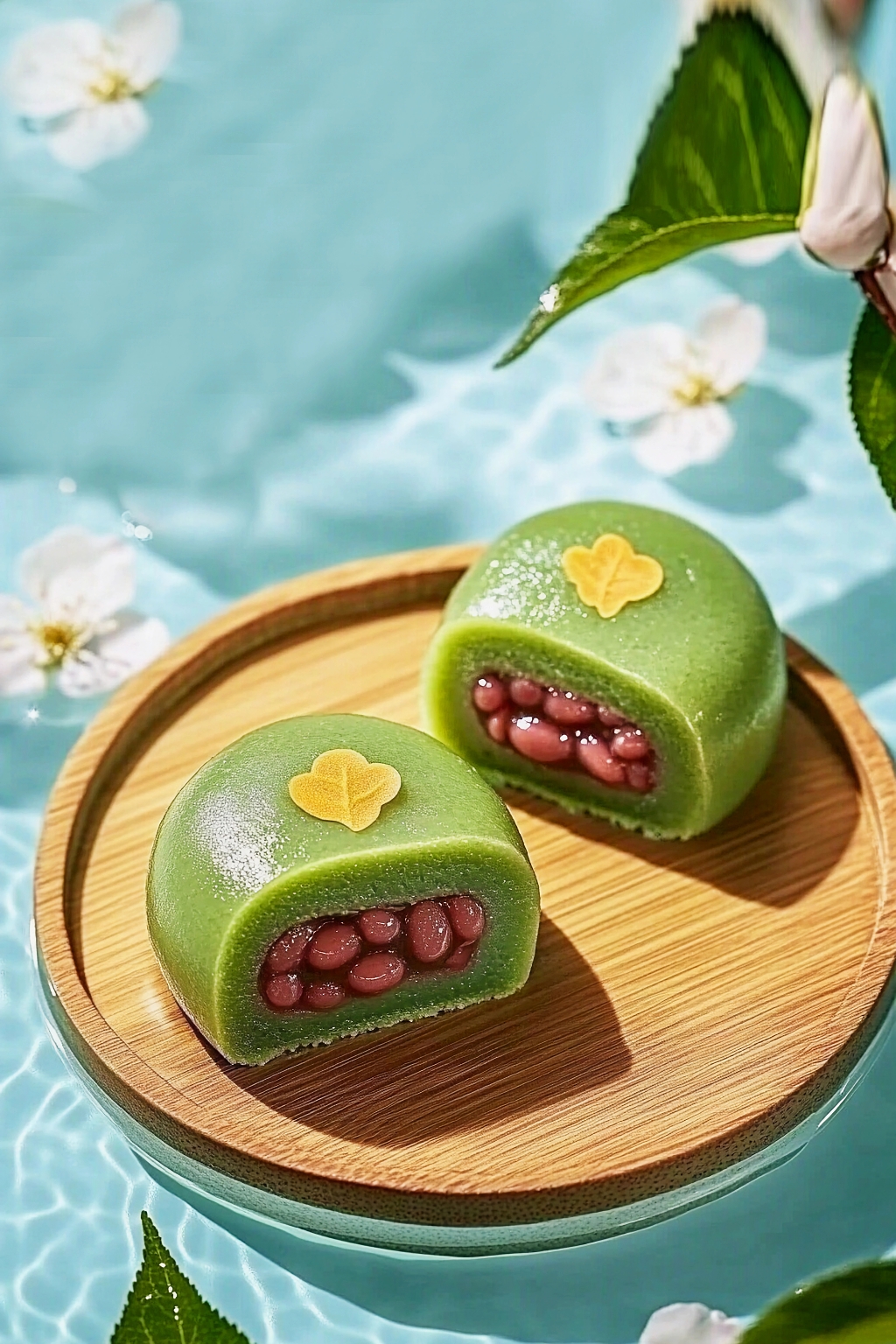 木盘上带黄色装饰花纹的红豆馅清明节青团AI